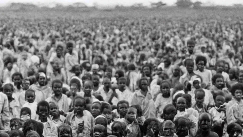 Prompt: a photo of the 1 9 8 4 famine and live - aid in ethiopia as seen through a tv screen, dark, moody, 8 k
