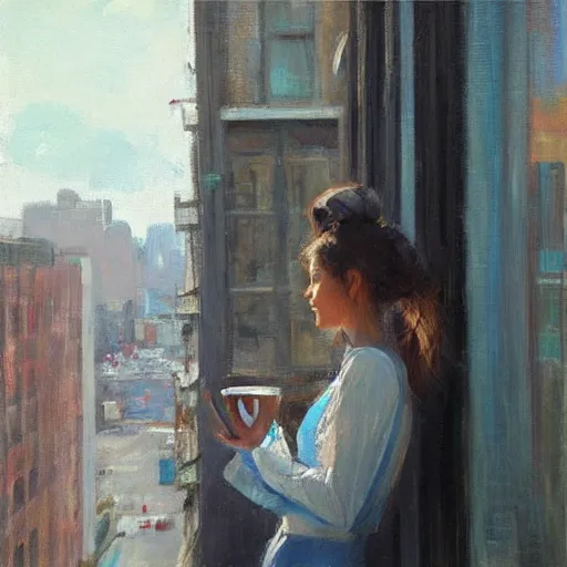 Image similar to “ back view of a girl holding a cup of coffee leaning out of a window overlooking the east village in new york city, morning light, by daniel gerhartz ”