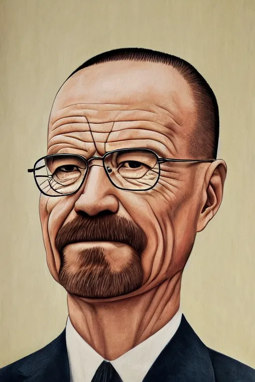 Image similar to a political portrait painting of walter white, north korean official propaganda art, sharp, perfect skin, glamorous eyes