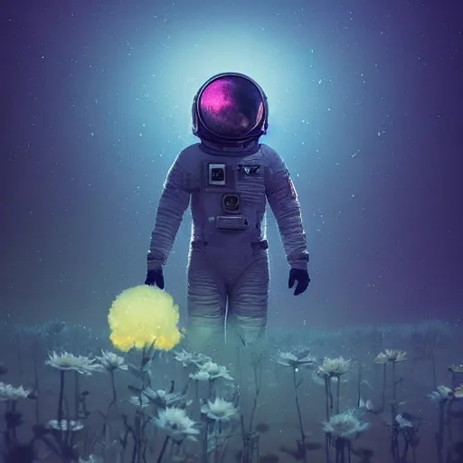 Image similar to beautiful dark landscape, astronaut with a skull head, beautiful flowers growing, in the style of beeple and Mike Winkelmann, intricate, epic lighting, cinematic composition, hyper realistic, 8k resolution,