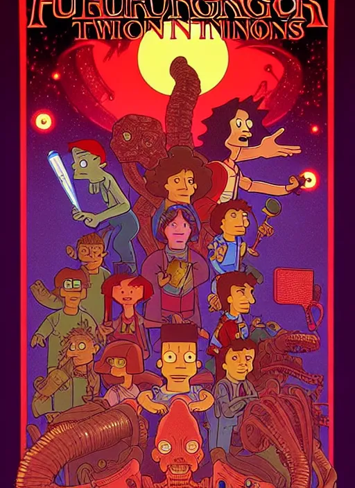 Image similar to animated version of Futurama Stranger Things scene with Demogorgon, cartoon, detailed faces, high resolution, hyper detailed, intricate, illustrated, dramatic lighting, illustration, concept art, smooth, sharp focus, art by Alphonse Mucha and Matt Groening !n-9