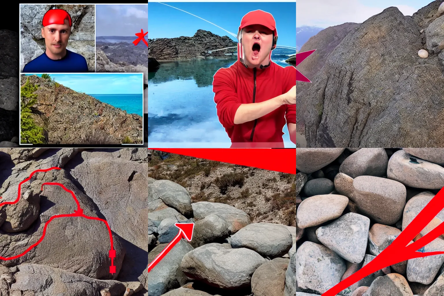 Prompt: A clickbait thumbnail from a YouTube video about rocks, red arrows clickbait in thumbnail