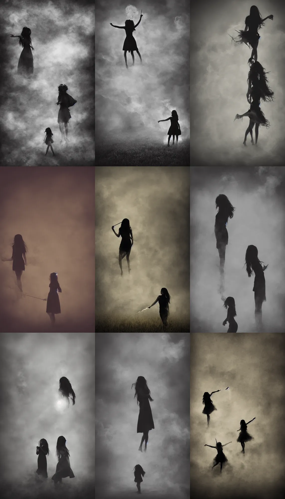 Prompt: black dark fantasy smoke on night field, girl silhouette, girl shadow, hyper detailed, vignette, ground, unfocused, realistic