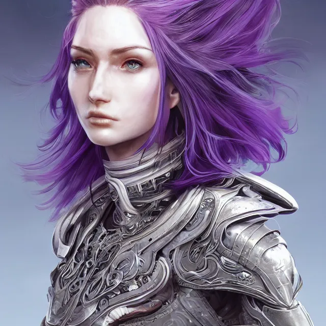 Image similar to close facial portrait of a pale woman in futuristic leather armor with flowing purple hair, elegant, stoic, intense, ultrafine hyperdetailed illustration by kim jung gi, irakli nadar, intricate linework, sharp focus, bright colors, octopath traveler, final fantasy, hearthstone, highly rendered, global illumination, radiant light, detailed, intricate environment