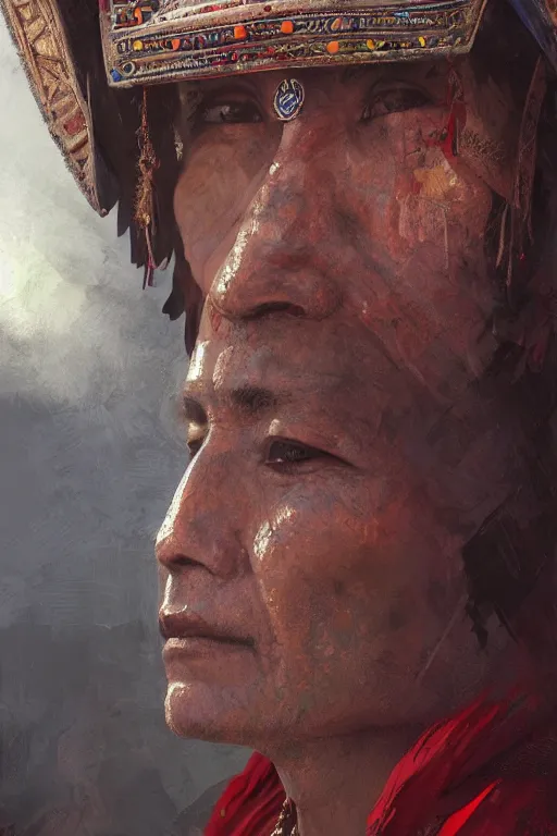 Image similar to aztec priest, close - up portrait, devoted, intricate, elegant, volumetric lighting, scenery, digital painting, highly detailed, artstation, sharp focus, illustration, concept art, ruan jia, steve mccurry