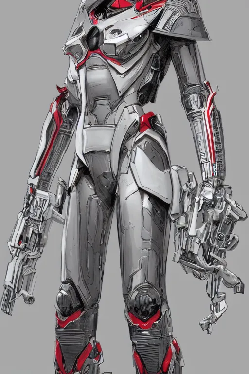 Prompt: 3d render, comic book illustration style, android soldier in white armor with red decals stands proudly, cyberpunk concept art by artgerm and Alphonse Mucha and Moebius, highly detailed, intricate, sci-fi, sharp focus, Trending on Artstation HQ, deviantart