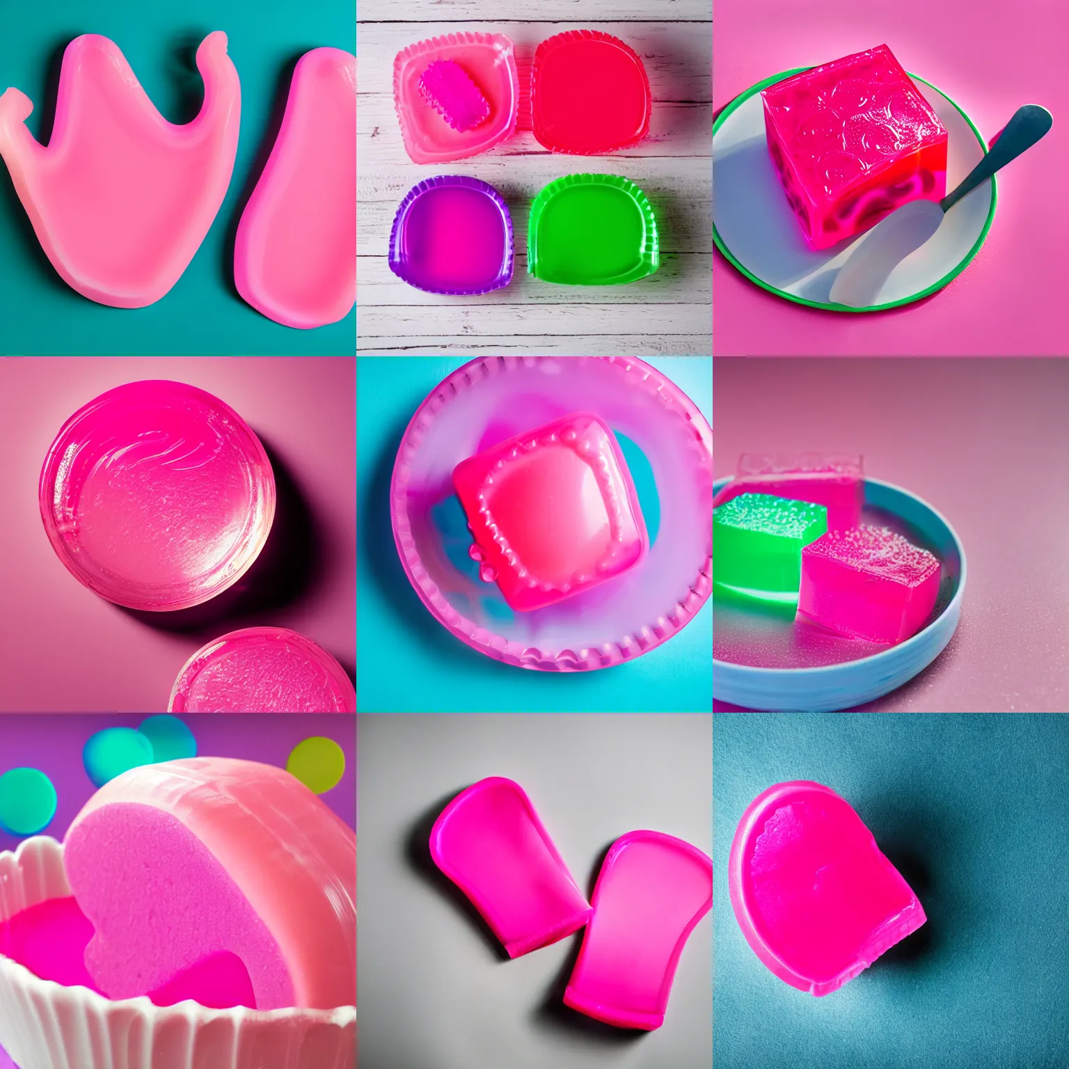 Prompt: product photoshoot of a vibrant pink gelatinous jello mitten, commercial, magazine sales, close up, bokeh, depth of field, studio lighting, rule of thirds