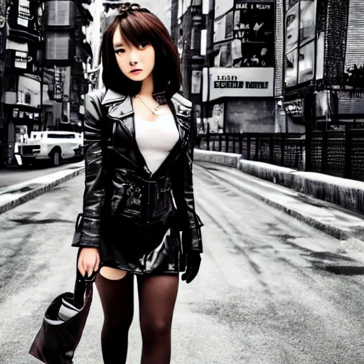 Prompt: a dynamic, epic cinematic 8K HD movie shot of a japanese beautiful cute young J-Pop idol actress yakuza rock star girl wearing leather jacket, miniskirt, nylon tights, high heels boots, gloves and jewelry. Motion, VFX, Inspirational arthouse, at Behance, with Instagram filters