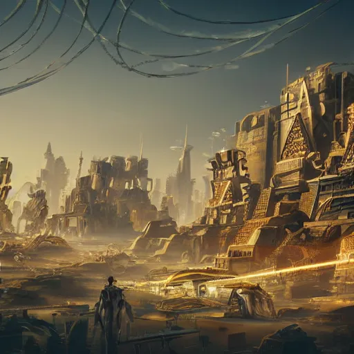 Prompt: a scene of a beautiful intricate epic futuristic pharaoh city with cyber pyramids and neo sphynx with steampunk vehicles taken from a distance, minimalist, cinematic lighting