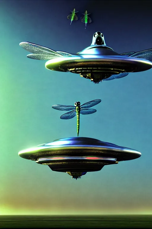 Image similar to a hyperrealistic vray rendering of a dragonfly metallic ufo aircraft vehicle technology, cinematic horror by chris cunningham, lisa frank, richard corben, highly detailed, vivid color,