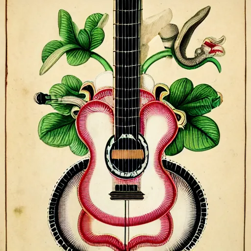 Prompt: anatomical diagram of a guitar, by maria sibylla merian