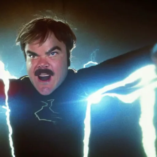 Image similar to film still of jack black playing the flash by steven spielberg, epic lighting effects