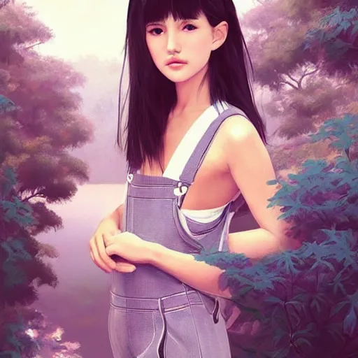 Image similar to a beautiful young japanese natalie portman alluring gravure model, wearing elegant designer overalls, elegant overalls with mesoamerican patterns, mesoamerican native street fashion, princess mononoke, by and wlop and ilya kuvshinov and artgerm and, aesthetic, gorgeous, stunning, alluring, attractive, artstation, pinterest, digital art