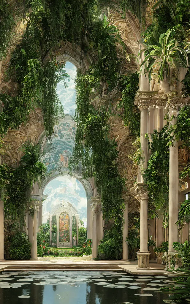 Image similar to cathedral interior with koi pond in the middle surrounded by palm trees, ivy, flowers, tropical plants, roses, and with archways, rendered in octane render with photorealistic lighting, cinematic, horizontal symmetry, a flemish baroque by thomas cole, unsplash, baroque, sanctuary, unsplash contest winner, maximalism, sanctuary