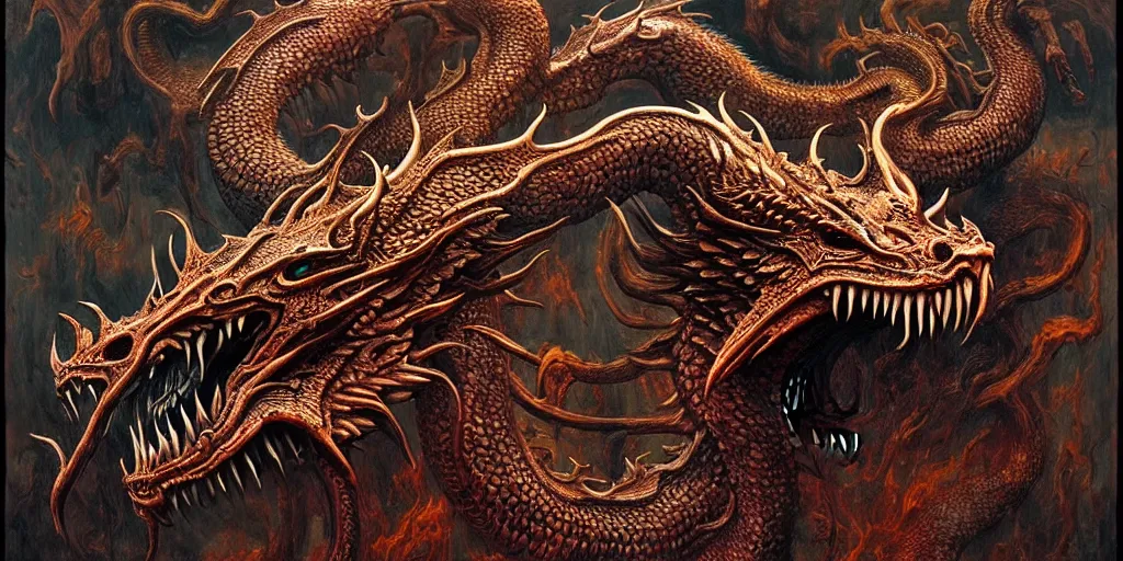Prompt: nine chthonic dragon heads as hydra art by Daniel Dos Santos, Beksinski, Giger, intricate colourfully painted carved wood paneling, dark souls, ivory and copper , artstation