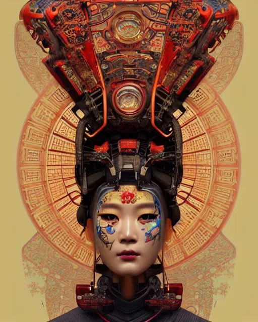 Image similar to portrait of a cyberpunk machine, machine face, upper half portrait, decorated with chinese opera motifs, asian, fine china, wuxia, traditional chinese art, intricate, elegant, highly detailed, symmetry, headpiece, digital painting, artstation concept art smooth sharp focus, illustration, art by artgerm and greg rutkowski alphonse mucha 8 k