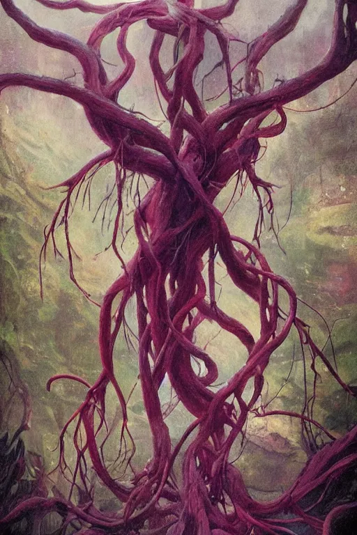 Image similar to tangling mighty roots dangling miserable dirge placid terror by trending on artstation, fantasy, full of colors, realistic materials, photo realistic, postprocessing painting by caspar david frederich print by mabel royds