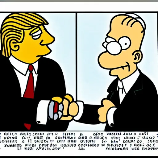 Prompt: donald trump meets homer simpson, comic book panels, drawing, white house,