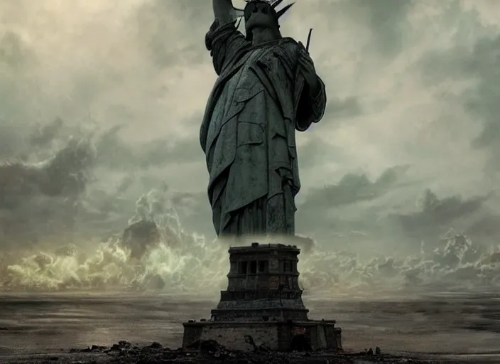 Image similar to a Photorealistic dramatic hyperrealistic render of a ruined destroyed decayed statue of liberty on a desolate beach in a post-apocalyptic world, futuristic nuclear apocalyptic planet of the apes vibe, by WLOP and Artgerm and Greg Rutkowski and Alphonse Mucha, Beautiful dynamic dramatic dark moody lighting, shadows, cinematic atmosphere, Artstation, concept design art, Octane render, 8K, masterpiece