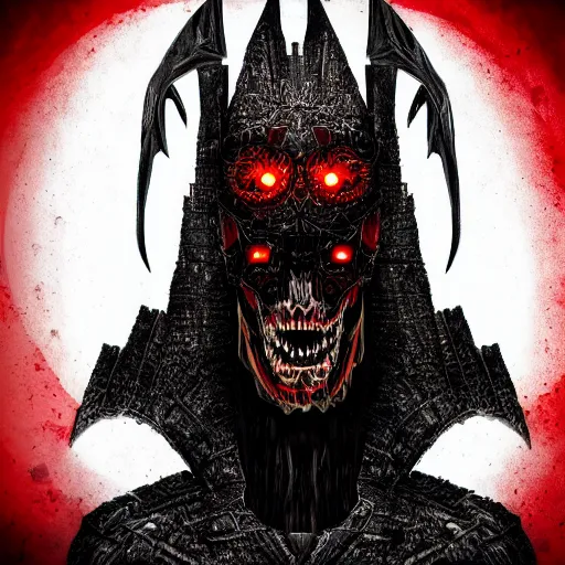 Image similar to a dark matter schizophrenia sphare limbo digital art angry portrait demon in iron armor with diamonds sits on the black throne of death and looks with red eyes into the darkness against the background of a bright red sun