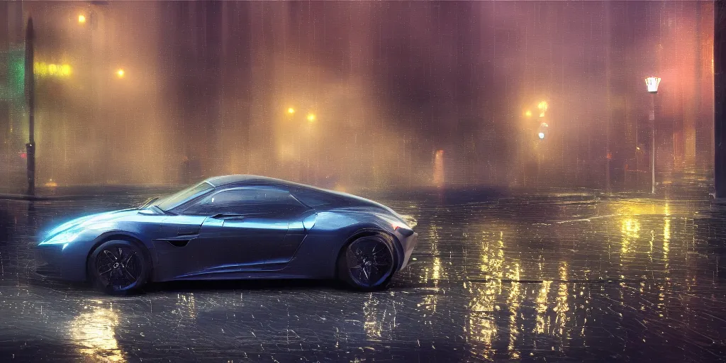 Prompt: full view of a sport car, on wet street at night, painted in dark color holographic pearlescent, almost ghosty-like, elegant, digital painting, concept art, smooth, sharp focus, art style from Wang Ke and Greg Rutkowski and Bruce Kaiser and Scott Robertson and Dmitry Mazurkevich and Doruk Erdem and Jon Sibal, small style cue from Mad Max