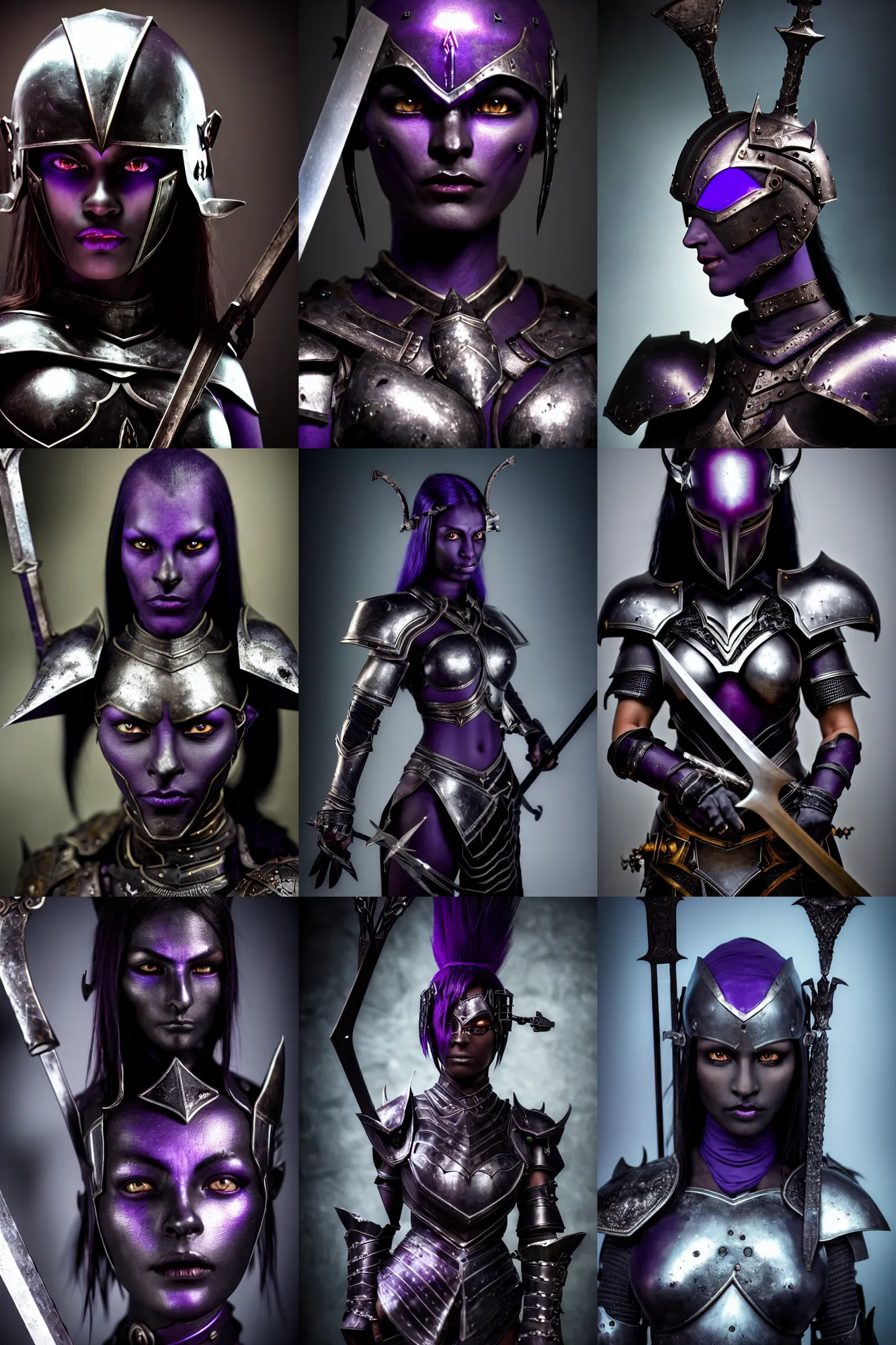 Prompt: an ultra high definition real life head shot photograph of female dark elf with dark black purple skin covered in metal armour and holding sword in an underground cave with props and clutter. close up. three point lighting. volumetric. refraction. extremely detailed. soft focus. ambient light sources. haze artefacts, light glare, art directed. filmic. stark.