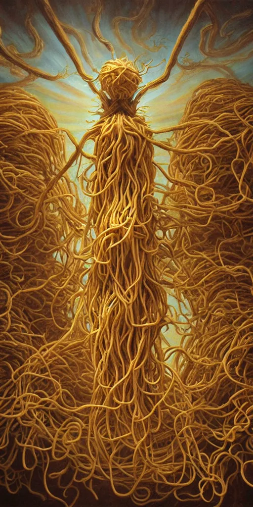 Prompt: the flying spaghetti monster in all his glory, saint, holyness, epic lighting, noodly appendage, meatballs, hyper realistic classic painting, religious