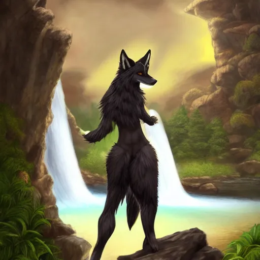 Image similar to fantasy art of a noble werefox standing in front of a waterfall, photorealistic, Hibbary, Dark Natasha, Goldenwolf, FurAffinity