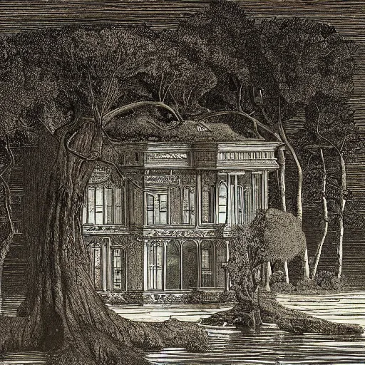 Prompt: the house by the lake, illustration by Gustav Doré