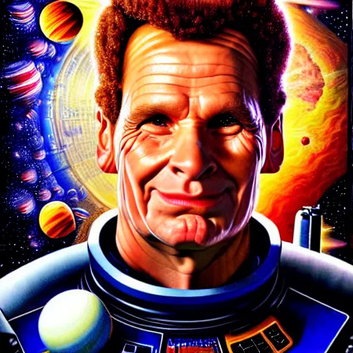 Prompt: uhd photorealistic cosmic arnold j. rimmer in space. amazing detail, correct face, symmetrical face, by karol bak and zawadzki, hyperdetailed. intricate details with studio lighting.