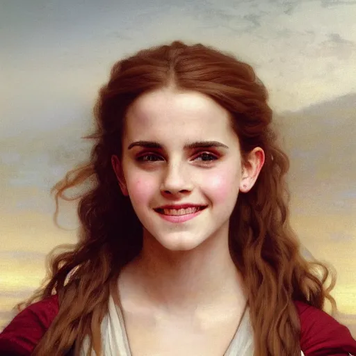 Prompt: Painting of Emma Watson as Hermione Granger. Smiling. Happy. Cheerful. Art by William Adolphe Bouguereau. During golden hour. Extremely detailed. Beautiful. 4K. Award winning
