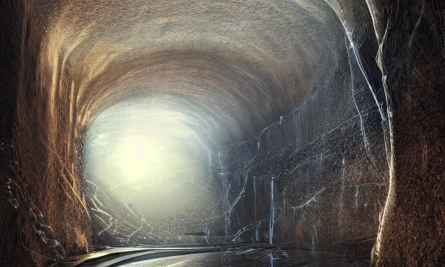 Image similar to beautiful photograph of a vertical tunnel made of raindrops, between a dried up river and the sun, highly-detailed, fantastic, dramatic lighting, artstation, 4k