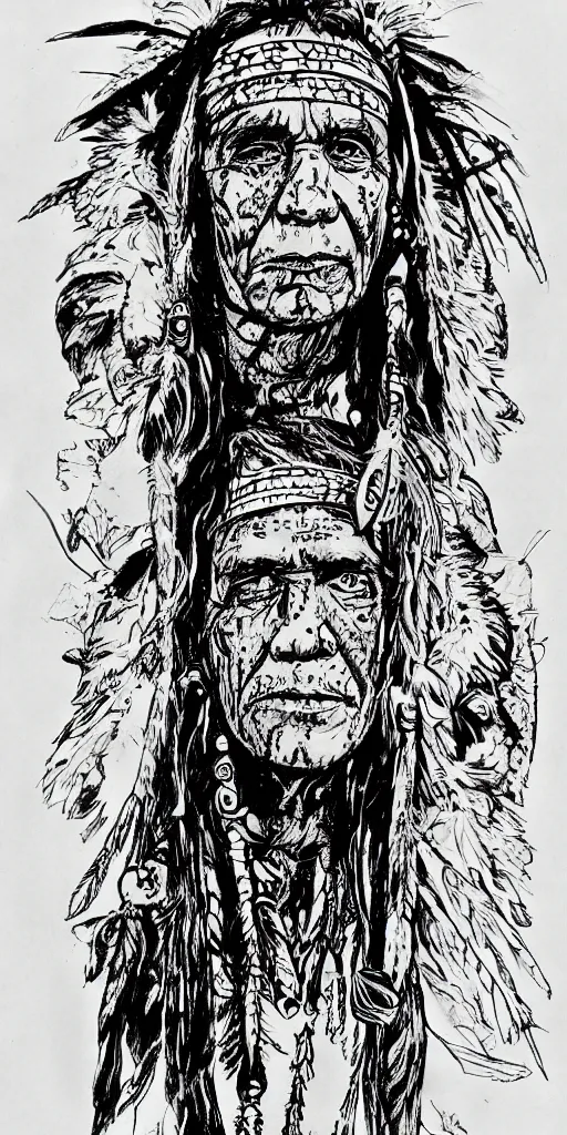 Image similar to a loose wild messy ink sketch portrait of a Native American shaman in the style of ralph steadman, caricature, dramatic