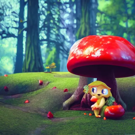 Image similar to beautiful cinematography of a cute fury monster eating lunch sitting on a red mushroom in a fantasy forest with living trees, in the style of a Pixar movie, wide shot, sharp and detailed, 3D model, 3D rendering, Octane render, raytracing, cinematic volumetric lighting