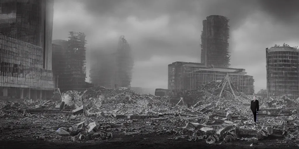 Prompt: a portrait of Boris Johnson standing in front a nuclear landscape of the southbank centre in london, the london eye and big ben are still standing, collapsed brutalist architecture, groups of human figures stagger amongst the ruins, fog, dust atmosphere, brooding clouds, mushroom cloud, detailed, 4k