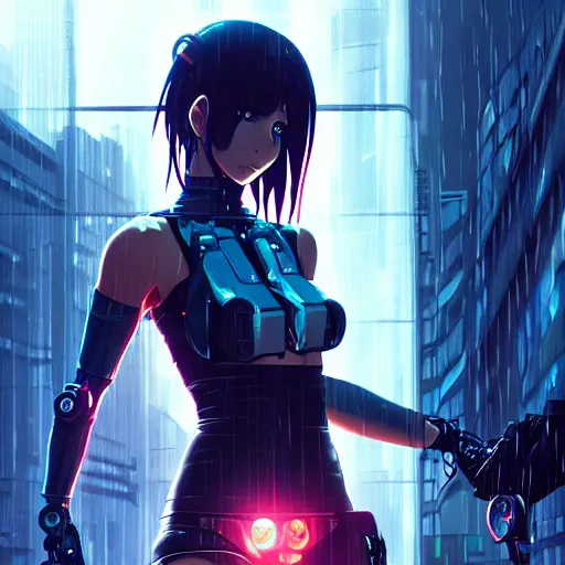 Image similar to cyberpunk anime art, beautiful cyborg girl in the style of arcane holding excalibur, full round face, biomechanical details, full body shot, rain, wet street, window reflections, lens flare, wlop, ilya kuvshinov, artgerm, krenz cushart, greg rutkowski