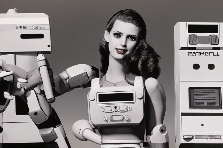 Prompt: The Nintendo Entertainment Robot Woman, product photgraphy, 1986