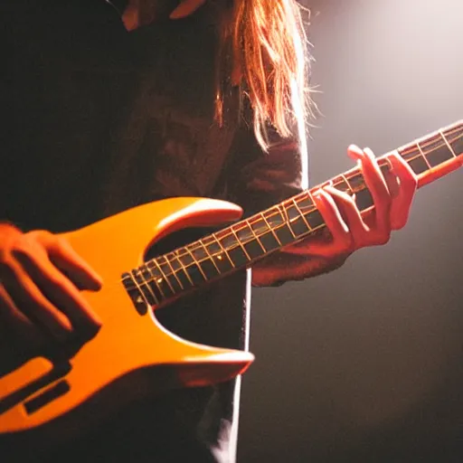 Prompt: a metal concert, lead guitarist playing a guitar solo, dramatic lighting