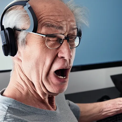 Prompt: very angry old man playing a game on a PC, razer gaming headset and chair