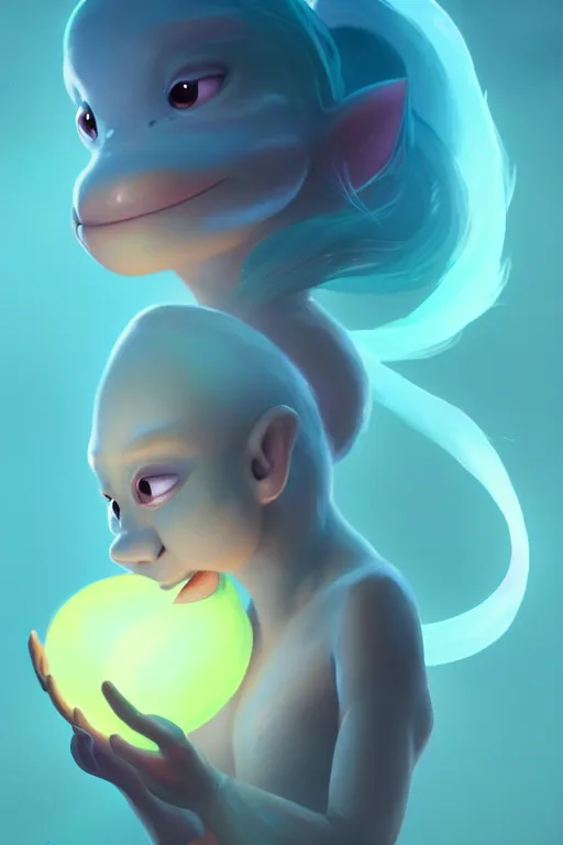 Image similar to super cute Bioluminescent Fish character concept, soft light, soft mood, realistic body features and face, illustration, painting oil on canvas by Elena Zhurikhina and Goro Fujita and Charlie Bowater, octane render trending on artstation, 4k, 8k, HD