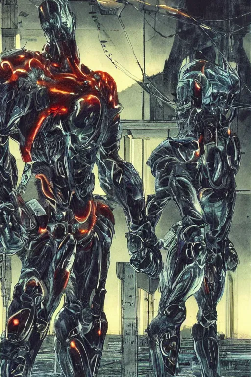 Image similar to god arc soldiers in crynet nanosuit with biological muscle augmentation, at dusk, a color illustration by tsutomu nihei, tetsuo hara and katsuhiro otomo