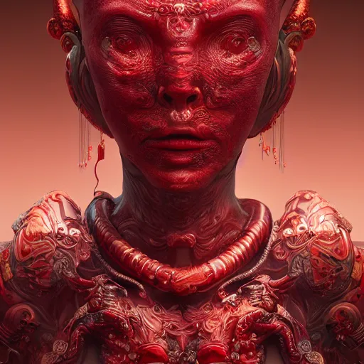 Image similar to The red female alien, intricated traditional Chinese textures, rococo decorations, hyper detail, Unreal engine,Octane render, by Karol Bak