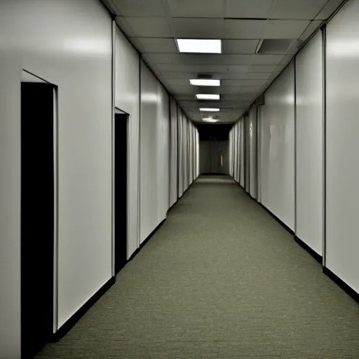 Image similar to the backrooms : an endless maze of randomly generated office rooms and other environments. it is characterized by the smell of moist carpet, walls with a monochromatic tone of dirty off - white, 1 9 8 0's style carpeted walls and buzzing fluorescent lights % 5 0 working, general sense of run down and abandonment, pee stains on walls