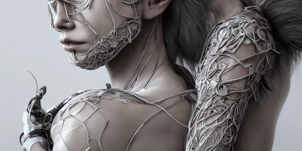 Image similar to hyper realistic photography of a stunningly beautiful cyborg female, plated arm, intimate, chest, holding close, ribbons, in the style of beth cavener, jin kagetsu,, and wlop, highly detailed, intricate filigree, symmetry, masterpiece, award winning, sharp focus, concept art, highkey lighting, ambient lighting, octane render, 8 k, artstation