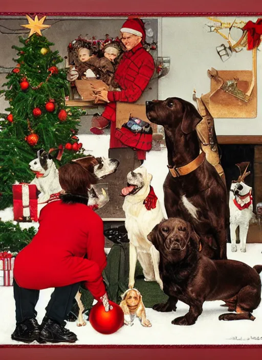 Image similar to a norman rockwell dog family christmas