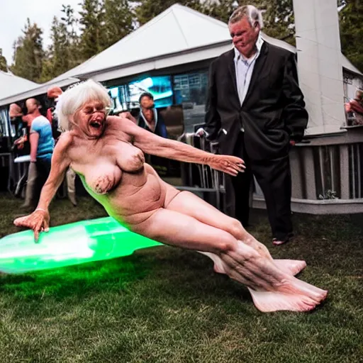 Image similar to sports illustrated photo, an elderly woman sliding wildly down an incredibly long ice luge on her back out of control at an incredibly high speed