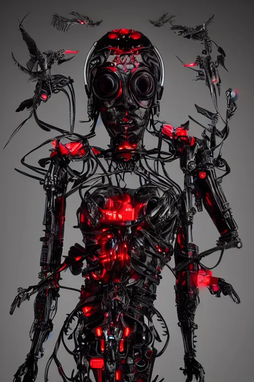 Image similar to full-body cyberpunk style sculpture of a young beautiful dark priestess, half android with a head opening exposing circuitry, glowing red eyes, black roses, flowing blood red colored silk, fabric, candles. baroque elements, human skull. full-length view. baroque element. intricate artwork by caravaggio. crows flying in background. Trending on artstation, octane render, cinematic lighting from the right, hyper realism, octane render, 8k, depth of field, 3D