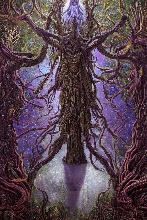 Prompt: 8k overdetailed maximalist ent darkfantasy art by oleksandra shchaslyva cinematic symmetric portrait of an ancient ent god emperor. Centered, uncut, unzoom charachter illustration. Ayahuasca visual manifestation. Surreal render, ultra realistic, zenith view. Inspired by giger feat peter gric and bekinski. Overpainted by salviadroid. Slightly Decorated with Sacred geometry and fractals. Extremely ornated. artstation, cgsociety, unreal engine, ray tracing, detailed illustration, hd, 4k, digital art, overdetailed art. Intricate omnious visionary darkscifi fantastic realism concept art. complementing colors. Trending on artstation, deviantart
