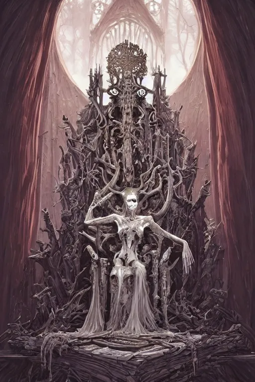 Image similar to an illustration of the blind bone goddess on her throne of bones, full figure, intricate, gothic, highly detailed, digital painting, trending on artstation, smooth, sharp focus, illustration, art by greg rutkowski, loish, rhads, makoto shinkai and lois van baarle, ilya kuvshinov, rossdraws