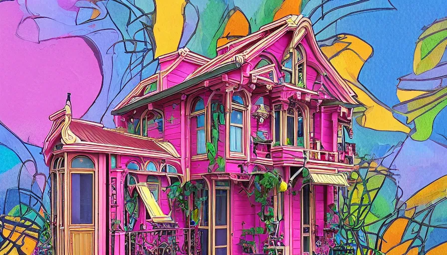 Prompt: a huge maximalist standalone maximalist tiny home. seen from the distance. art nouveau in the style of caravaggio. hd 8 x matte background in vibrant vivid pastel colour textures